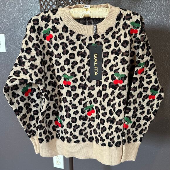 New! Leopard & Embroidered Cherry Crewneck One-Size Sweater Measurements Below - Picture 4 of 16